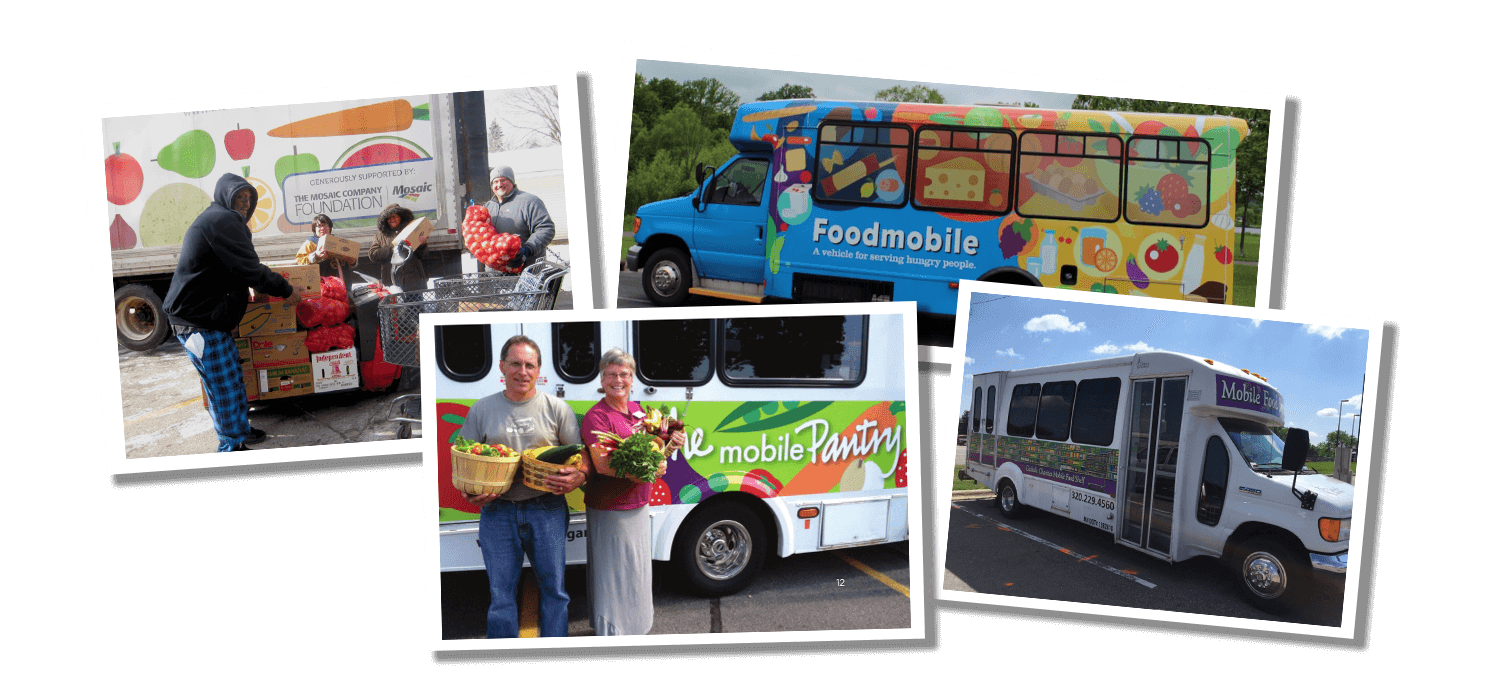 Collage of photos from mobile food shelves in Minnesota. 4 photos total. Each features either the delivery truck or small buses with colorful food graphics.