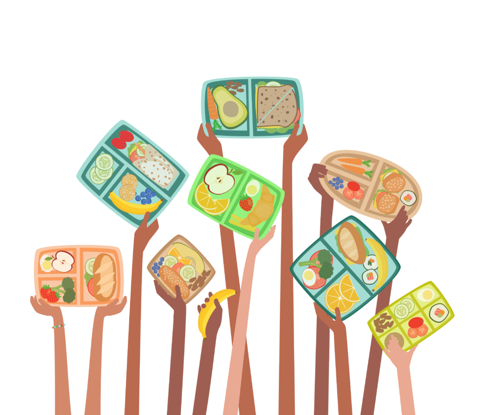 Illustration of student's hands holding school lunch trays in the air. The school lunches are all healthy with lots of fruits and vegetables. 